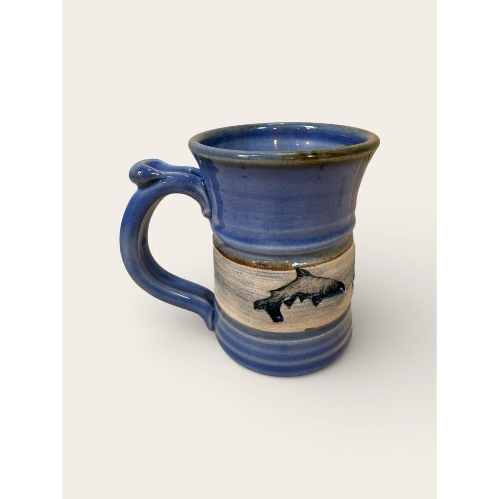 Handmade Studio Pottery Fish Mug Signed Artisan Stoneware Cabin Style Blue Glaze